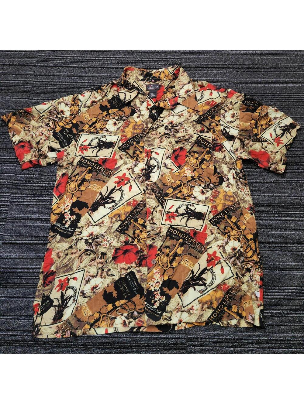 Red Macaw Honolulu Floral Parade Hawaiian Shirt XL 100% Rayon Aloha Camp USA